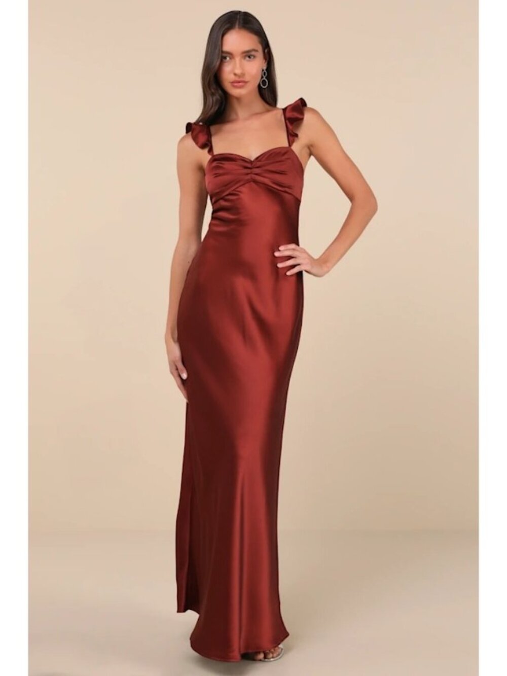 Lulus Small Rust Red Exuberant Luxury Satin Ruffled Lace Up Maxi Dress - Picture 2 of 8